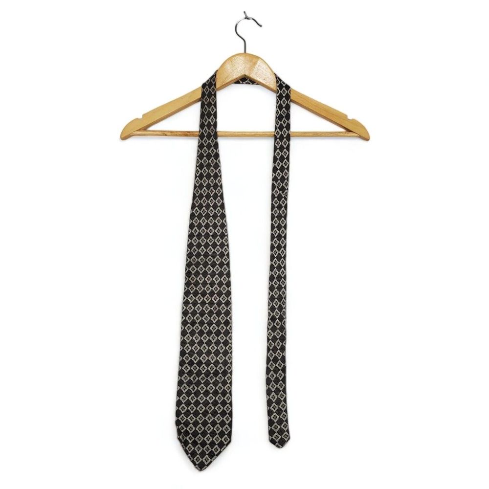 FROG 100% Silk Neck Tie Black Brown Diamond Checkered Vintage Look Made in Italy - Picture 2 of 8